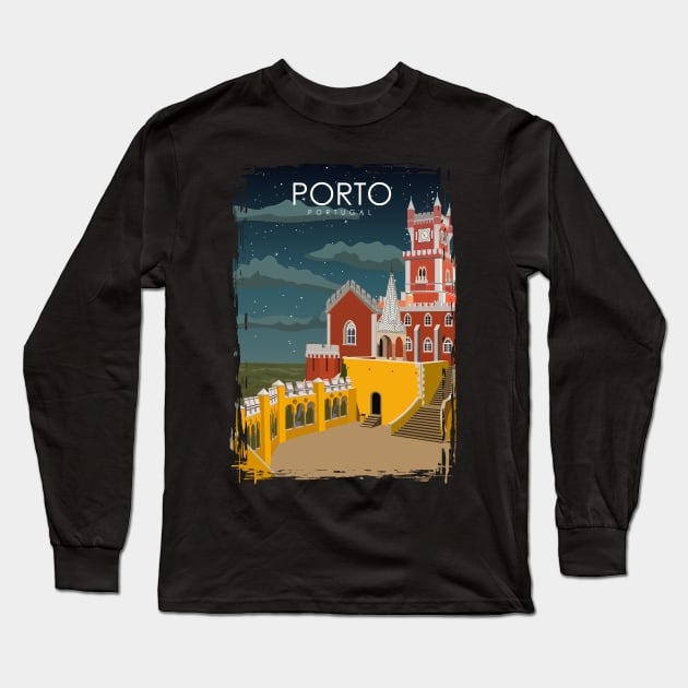 Porto Portugal Vintage Minimal Retro Travel Poster at Night Long Sleeve T-Shirt by jornvanhezik